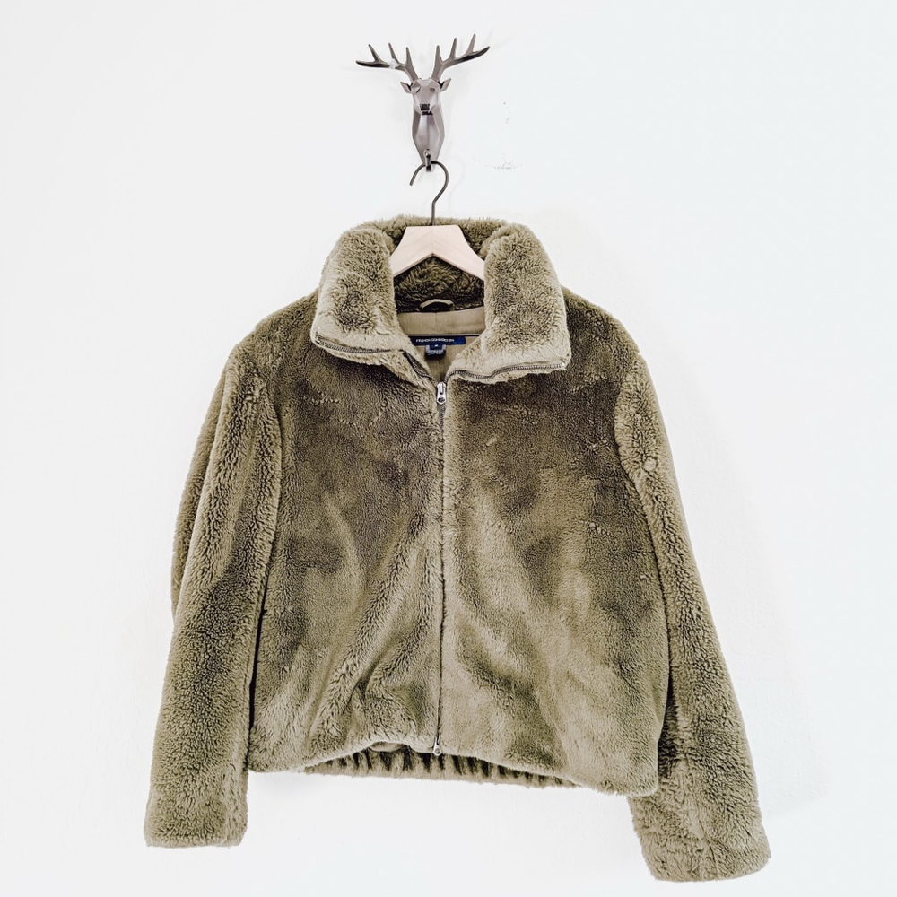French Connection Women's Olive Green Teddy Full Zip Jacket Coat Size Medium